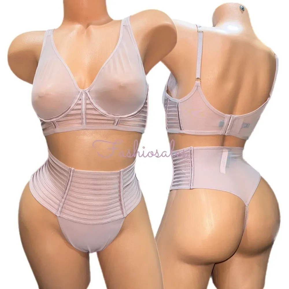 Victoria’s Secret Set Sexy Sheer Mesh Unlined Plunge bra & High Waist Thong pink